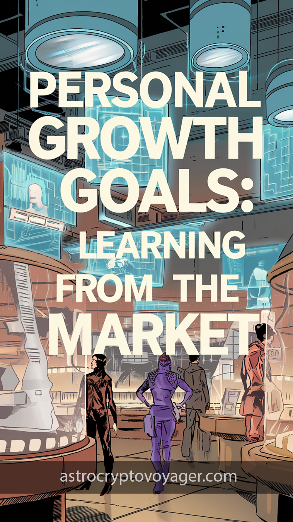 Comic book style, black and white with orange accents: Text on the image: "Personal Growth Goals Learning from the Market"